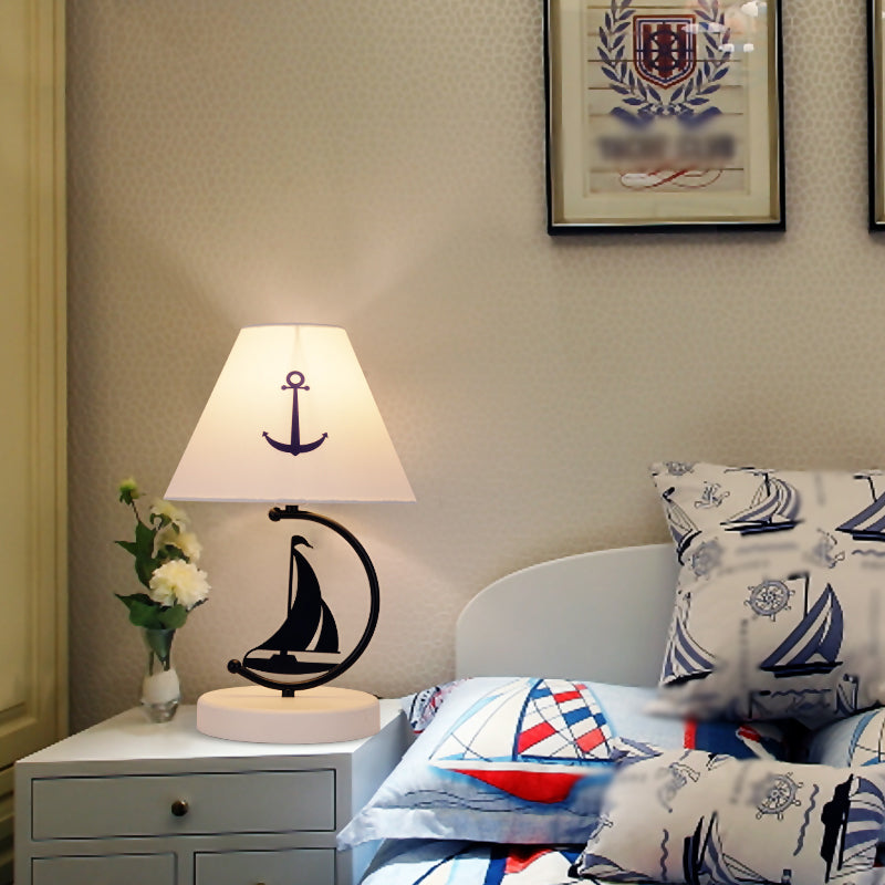 Empire Shade Fabric Table Lamp Kids Single-Bulb White Nightstand Lighting with Sailing Boat Decor White Clearhalo 'Lamps' 'Table Lamps' Lighting' 2161952