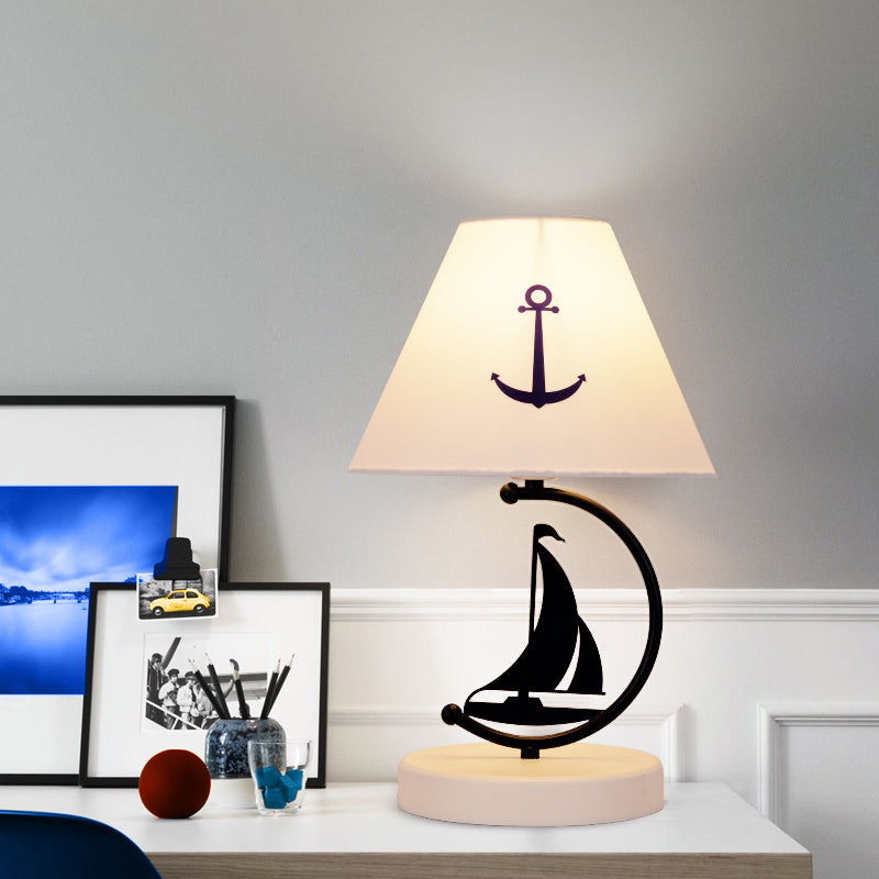 Empire Shade Fabric Table Lamp Kids Single-Bulb White Nightstand Lighting with Sailing Boat Decor Clearhalo 'Lamps' 'Table Lamps' Lighting' 2161954