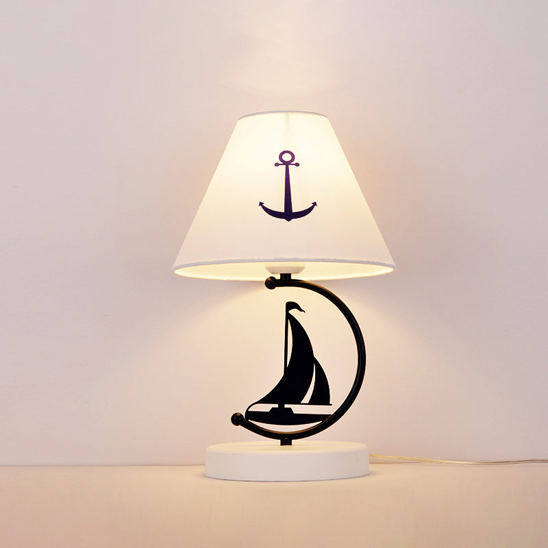 Empire Shade Fabric Table Lamp Kids Single-Bulb White Nightstand Lighting with Sailing Boat Decor Clearhalo 'Lamps' 'Table Lamps' Lighting' 2161955