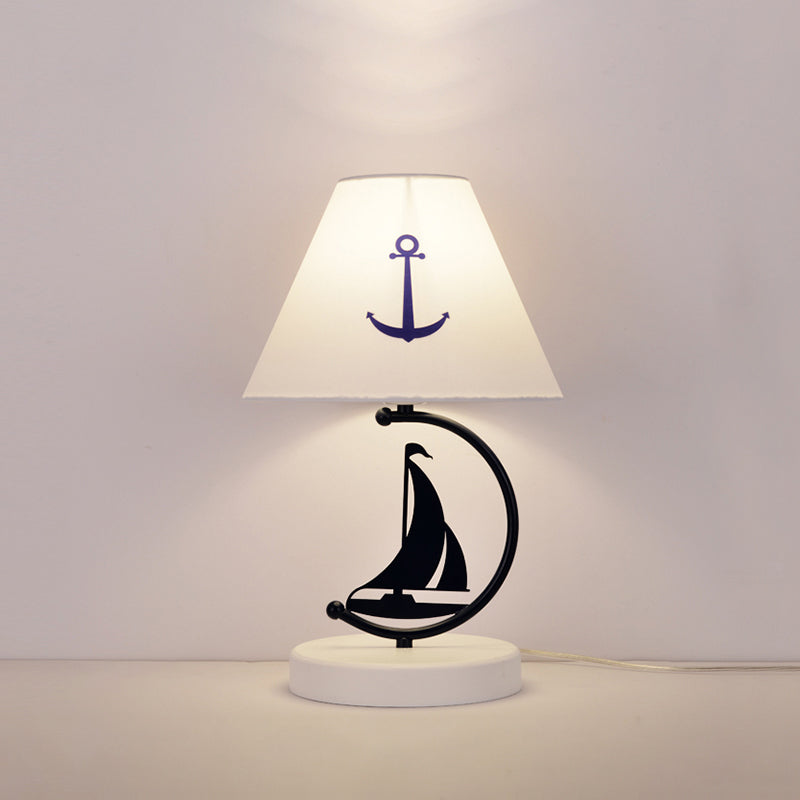 Empire Shade Fabric Table Lamp Kids Single-Bulb White Nightstand Lighting with Sailing Boat Decor Clearhalo 'Lamps' 'Table Lamps' Lighting' 2161956