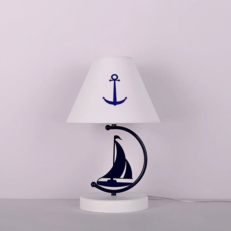 Empire Shade Fabric Table Lamp Kids Single-Bulb White Nightstand Lighting with Sailing Boat Decor Clearhalo 'Lamps' 'Table Lamps' Lighting' 2161958