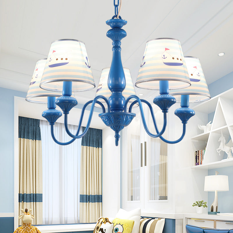 Modern Empire Shade Ceiling Lighting Patterned Fabric 5 Heads Child Room Chandelier Light Fixture in Blue Clearhalo 'Ceiling Lights' 'Chandeliers' Lighting' options 2162025
