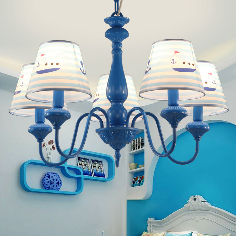Modern Empire Shade Ceiling Lighting Patterned Fabric 5 Heads Child Room Chandelier Light Fixture in Blue Clearhalo 'Ceiling Lights' 'Chandeliers' Lighting' options 2162026