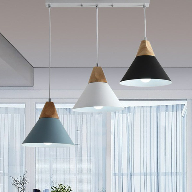 Metallic Conical Shade Hanging Light Nordic Style 3 Bulbs Wood Multi Light Pendant Wood Linear Clearhalo 'Ceiling Lights' 'Pendant Lights' 'Pendants' Lighting' 2162111_80376201-9479-4b32-a2c2-63bce583fe76