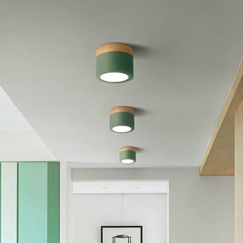 Metallic Cylindrical LED Flush Mount Macaron Flushmount Ceiling Light for Bedroom Green Clearhalo 'Ceiling Lights' 'Close To Ceiling Lights' 'Close to ceiling' 'Flush mount' Lighting' 2162179