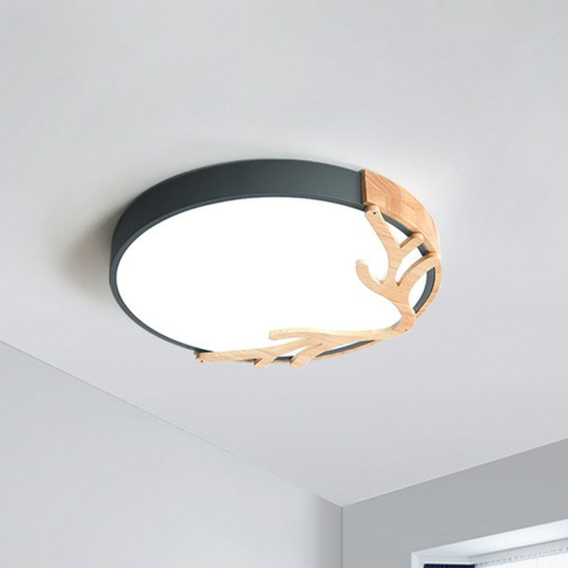 Metal Ultrathin Circle Flush Ceiling Light Simplicity LED Flush Mount Lighting Fixture with Wooden Antler Decor Grey Clearhalo 'Ceiling Lights' 'Close To Ceiling Lights' 'Close to ceiling' 'Flush mount' Lighting' 2162273