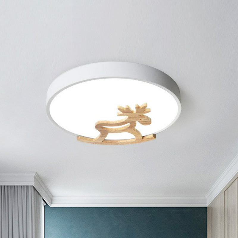 Circle LED Flush Mount Lighting Nordic Style Metallic Bedroom Flush Mount Ceiling Light with Wooden Hobbyhorse - White - Clearhalo - 'Ceiling Lights' - 'Close To Ceiling Lights' - 'Close to ceiling' - 'Flush mount' - Lighting' - 2162280
