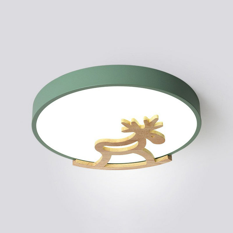 Circle LED Flush Mount Lighting Nordic Style Metallic Bedroom Flush Mount Ceiling Light with Wooden Hobbyhorse - Clearhalo - 'Ceiling Lights' - 'Close To Ceiling Lights' - 'Close to ceiling' - 'Flush mount' - Lighting' - 2162284