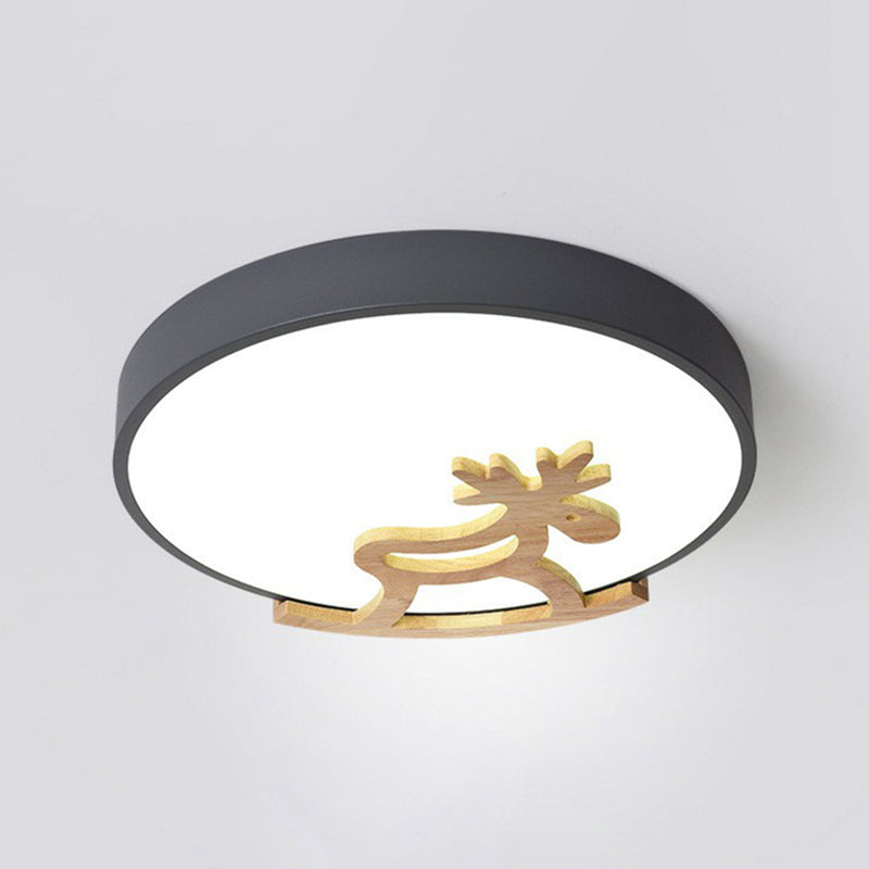 Circle LED Flush Mount Lighting Nordic Style Metallic Bedroom Flush Mount Ceiling Light with Wooden Hobbyhorse - Clearhalo - 'Ceiling Lights' - 'Close To Ceiling Lights' - 'Close to ceiling' - 'Flush mount' - Lighting' - 2162286