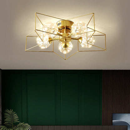 Clear Glass Sphere LED Semi Flush Modern Style 5 Heads Brass Flush Ceiling Light Fixture with Star Metal Frame Brass Clearhalo 'Ceiling Lights' 'Close To Ceiling Lights' 'Close to ceiling' 'Semi-flushmount' Lighting' 2162485