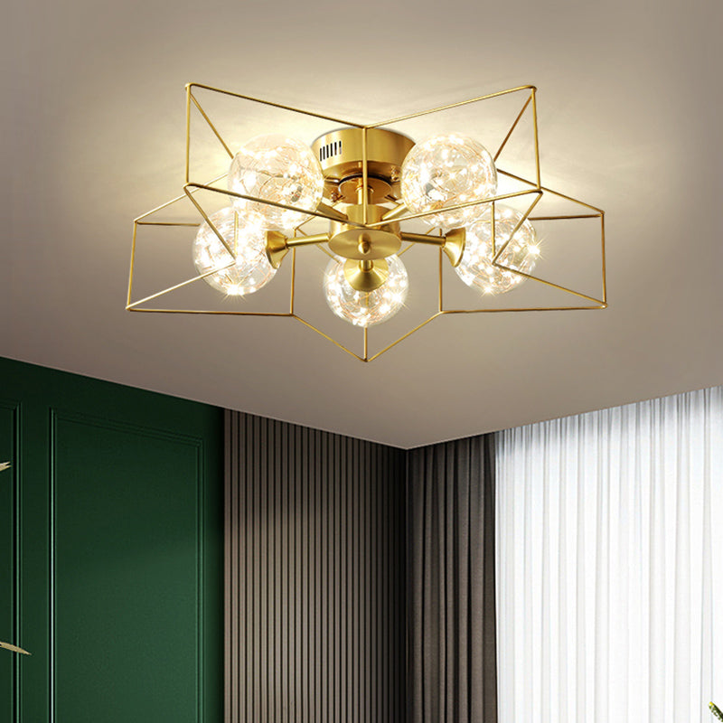 Clear Glass Sphere LED Semi Flush Modern Style 5 Heads Brass Flush Ceiling Light Fixture with Star Metal Frame Clearhalo 'Ceiling Lights' 'Close To Ceiling Lights' 'Close to ceiling' 'Semi-flushmount' Lighting' 2162486