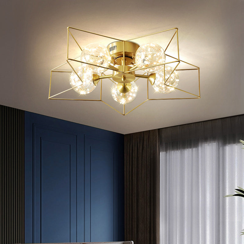 Clear Glass Sphere LED Semi Flush Modern Style 5 Heads Brass Flush Ceiling Light Fixture with Star Metal Frame Clearhalo 'Ceiling Lights' 'Close To Ceiling Lights' 'Close to ceiling' 'Semi-flushmount' Lighting' 2162487