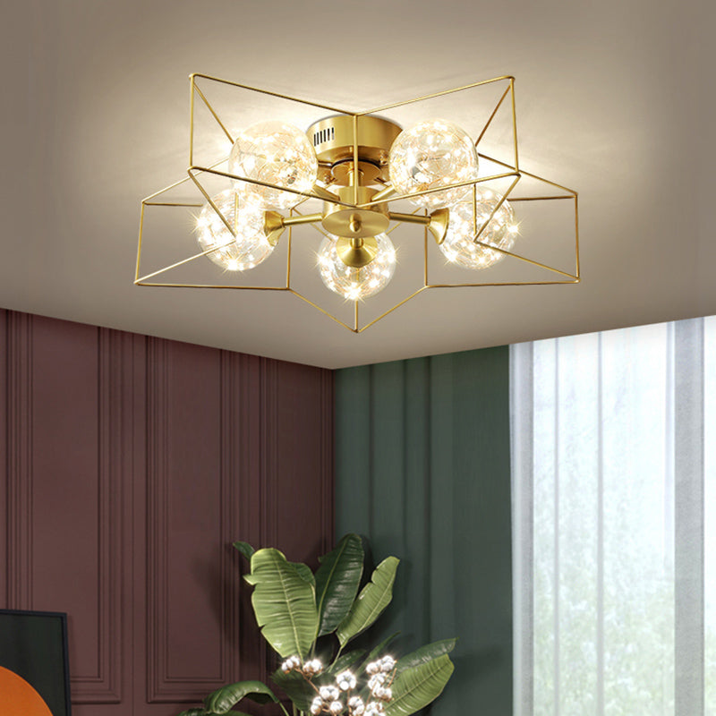 Clear Glass Sphere LED Semi Flush Modern Style 5 Heads Brass Flush Ceiling Light Fixture with Star Metal Frame Clearhalo 'Ceiling Lights' 'Close To Ceiling Lights' 'Close to ceiling' 'Semi-flushmount' Lighting' 2162488