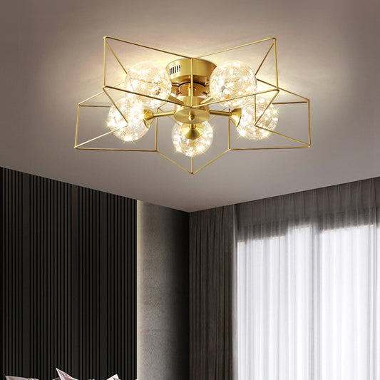 Clear Glass Sphere LED Semi Flush Modern Style 5 Heads Brass Flush Ceiling Light Fixture with Star Metal Frame Clearhalo 'Ceiling Lights' 'Close To Ceiling Lights' 'Close to ceiling' 'Semi-flushmount' Lighting' 2162489
