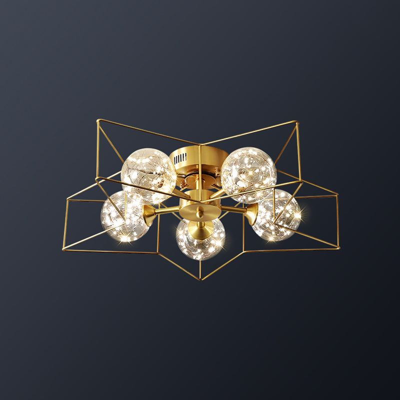 Clear Glass Sphere LED Semi Flush Modern Style 5 Heads Brass Flush Ceiling Light Fixture with Star Metal Frame Clearhalo 'Ceiling Lights' 'Close To Ceiling Lights' 'Close to ceiling' 'Semi-flushmount' Lighting' 2162490