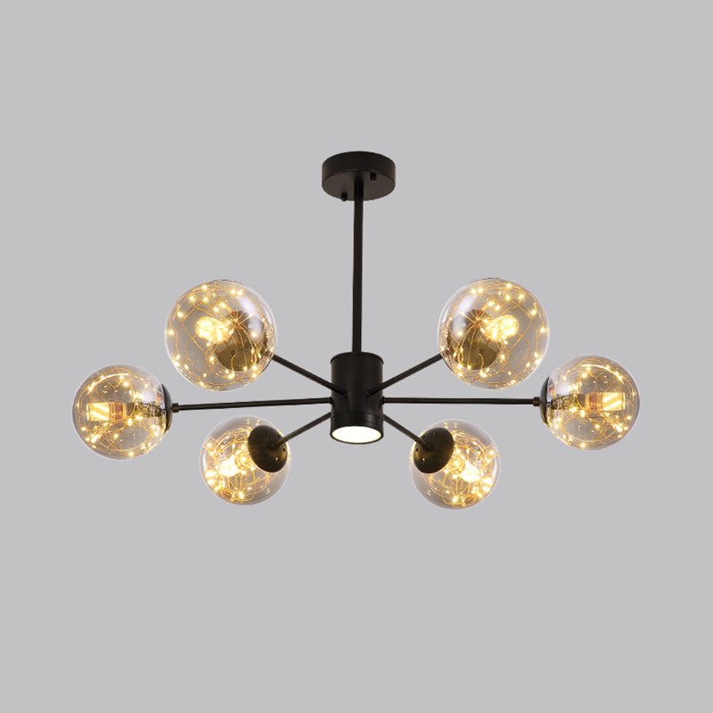 Black Radial Chandelier Pendant Light Contemporary Metallic LED Hanging Light with Sphere Clear Glass Shade 6 Black 3 Color Clearhalo 'Ceiling Lights' 'Chandeliers' Lighting' options 2162537_bf27b5d1-0bd5-47b5-a8a0-24193df69a6b
