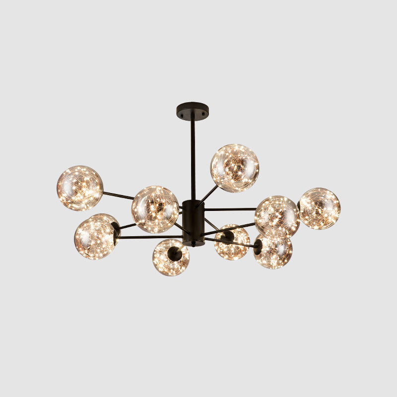 Simplicity Globe Shade Radial Suspension Light Clear Glass Living Room LED Chandelier Light 10 Black Clearhalo 'Ceiling Lights' 'Chandeliers' 'Modern Chandeliers' 'Modern' Lighting' 2162550