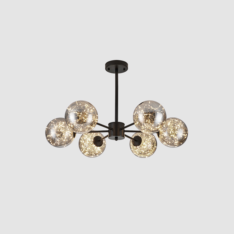 Simplicity Globe Shade Radial Suspension Light Clear Glass Living Room LED Chandelier Light 6 Black Clearhalo 'Ceiling Lights' 'Chandeliers' 'Modern Chandeliers' 'Modern' Lighting' 2162554