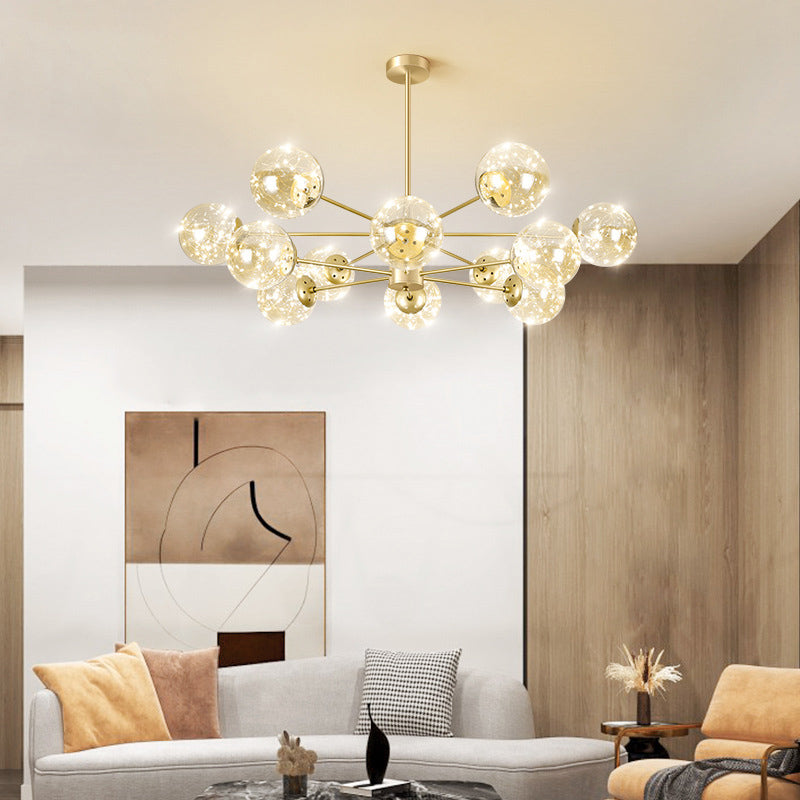 Radial LED Chandelier Light Contemporary Metallic Living Room Pendant Light with Globe Clear Glass Shade in Gold 12 Gold Clearhalo 'Ceiling Lights' 'Chandeliers' 'Modern Chandeliers' 'Modern' Lighting' 2162561