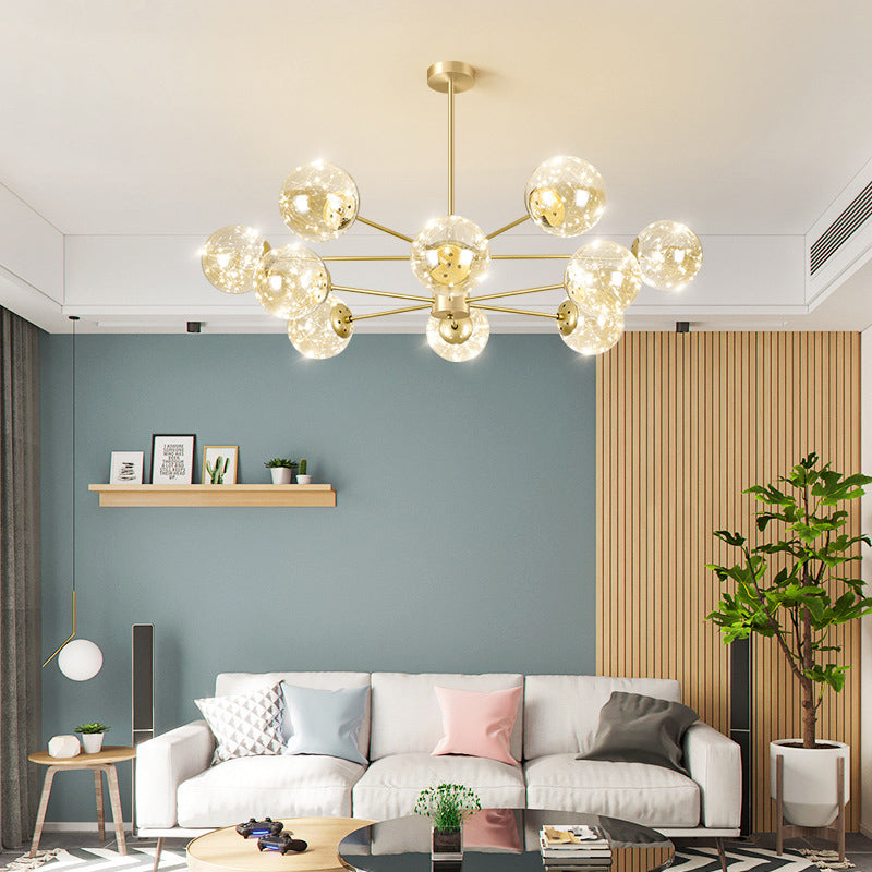 Radial LED Chandelier Light Contemporary Metallic Living Room Pendant Light with Globe Clear Glass Shade in Gold 10 Gold Clearhalo 'Ceiling Lights' 'Chandeliers' 'Modern Chandeliers' 'Modern' Lighting' 2162564