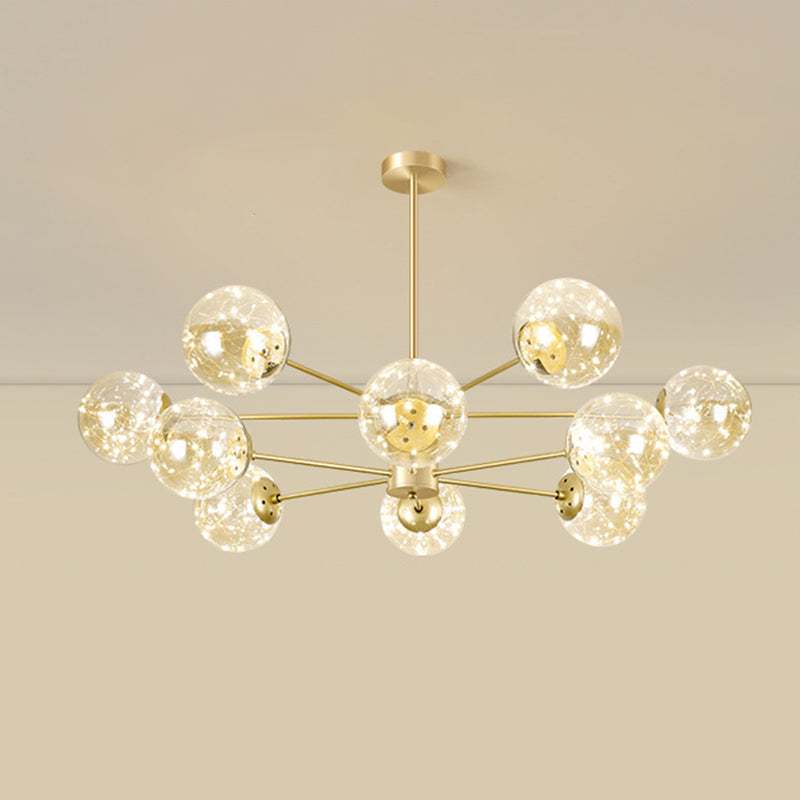 Radial LED Chandelier Light Contemporary Metallic Living Room Pendant Light with Globe Clear Glass Shade in Gold Clearhalo 'Ceiling Lights' 'Chandeliers' 'Modern Chandeliers' 'Modern' Lighting' 2162565