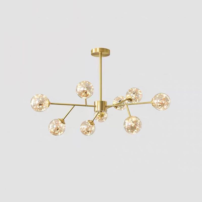 Branch Shaped Living Room LED Chandelier Pendant Light Metallic Modern Hanging Light with Sphere Glass Shade 9 Amber B Clearhalo 'Ceiling Lights' 'Chandeliers' 'Modern Chandeliers' 'Modern' Lighting' 2162570