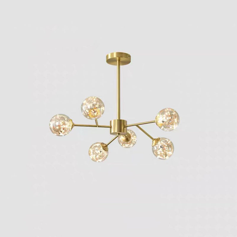 Branch Shaped Living Room LED Chandelier Pendant Light Metallic Modern Hanging Light with Sphere Glass Shade 6 Amber B Clearhalo 'Ceiling Lights' 'Chandeliers' 'Modern Chandeliers' 'Modern' Lighting' 2162572