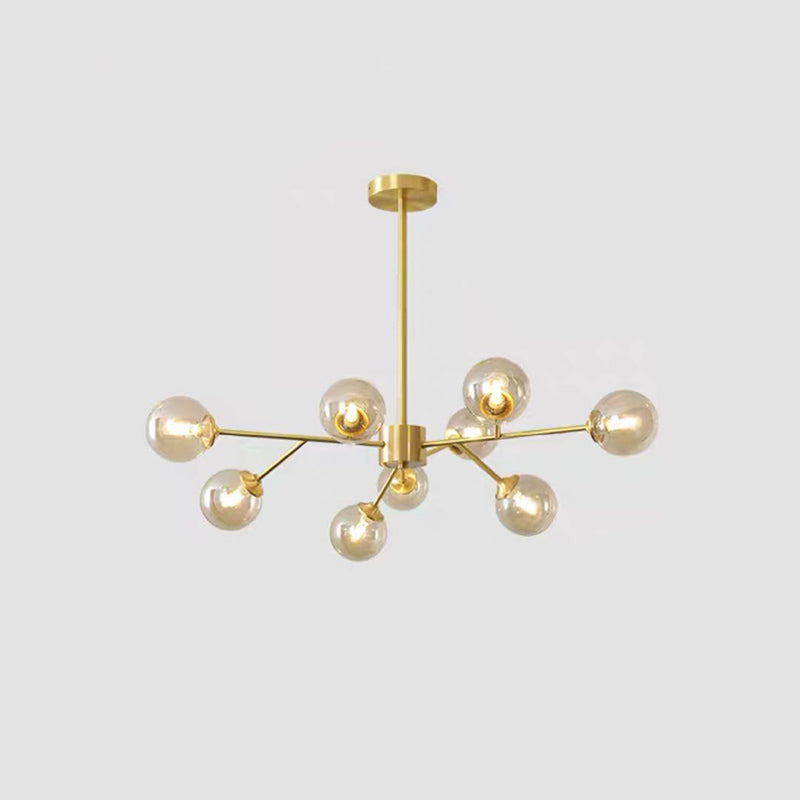 Branch Shaped Living Room LED Chandelier Pendant Light Metallic Modern Hanging Light with Sphere Glass Shade 9 Amber A Clearhalo 'Ceiling Lights' 'Chandeliers' 'Modern Chandeliers' 'Modern' Lighting' 2162573