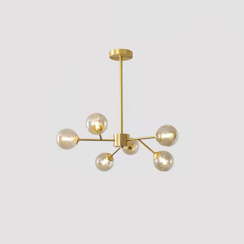 Branch Shaped Living Room LED Chandelier Pendant Light Metallic Modern Hanging Light with Sphere Glass Shade 6 Amber A Clearhalo 'Ceiling Lights' 'Chandeliers' 'Modern Chandeliers' 'Modern' Lighting' 2162574