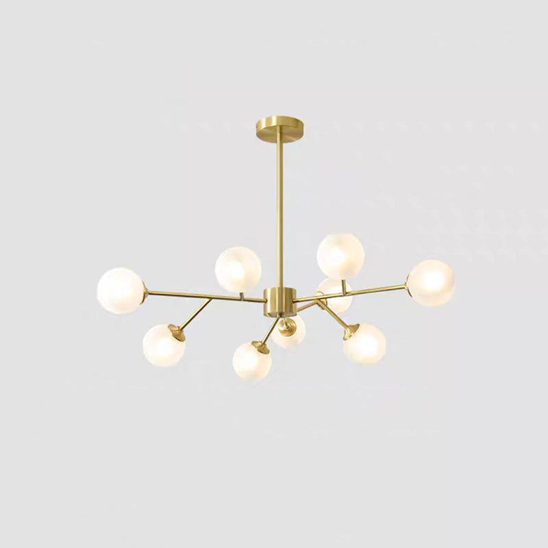 Branch Shaped Living Room LED Chandelier Pendant Light Metallic Modern Hanging Light with Sphere Glass Shade 9 Cream A Clearhalo 'Ceiling Lights' 'Chandeliers' 'Modern Chandeliers' 'Modern' Lighting' 2162577