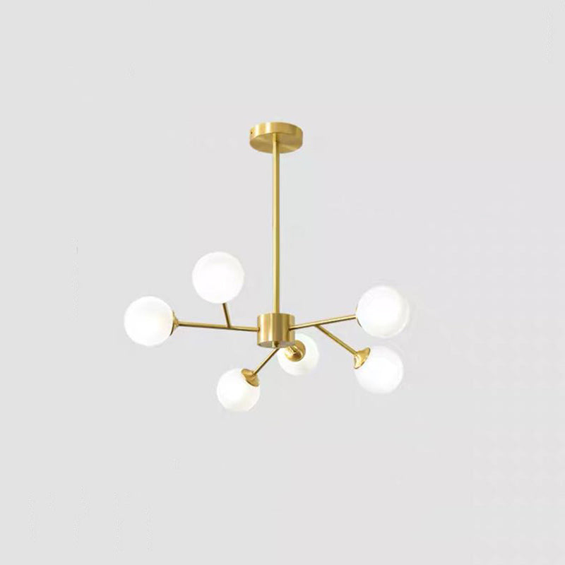Branch Shaped Living Room LED Chandelier Pendant Light Metallic Modern Hanging Light with Sphere Glass Shade 6 Cream A Clearhalo 'Ceiling Lights' 'Chandeliers' 'Modern Chandeliers' 'Modern' Lighting' 2162578