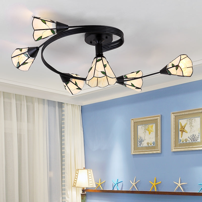 4/6 Heads Curved Semi Flush Light Tiffany Style Stained Glass Bedroom Semi Flushmount in White 6 White Clearhalo 'Ceiling Lights' 'Close To Ceiling Lights' 'Close to ceiling' 'Glass shade' 'Glass' 'Pendant Lights' 'Semi-flushmount' 'Tiffany close to ceiling' 'Tiffany' Lighting' 21626