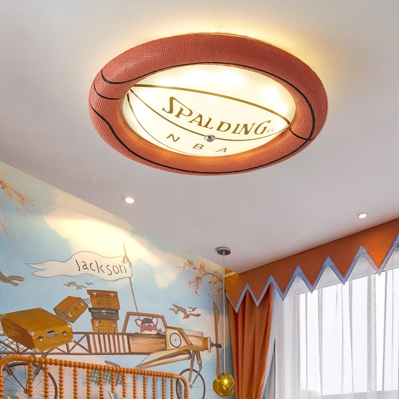 Brown Round Ceiling Mounted Light Cartoon LED Resin and Frosted Glass Flush Light with Basketball Design, Warm/White Light Brown Clearhalo 'Ceiling Lights' 'Close To Ceiling Lights' 'Close to ceiling' 'Flush mount' Lighting' 216278