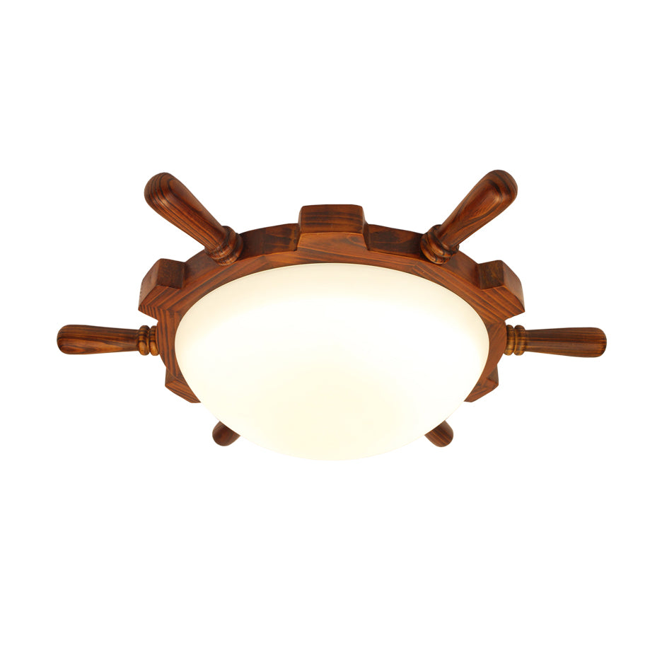 Wood Rudder Flush Light Modern LED Brown Flush Mount Lamp with Frosted Glass Bowl Shade, Warm/White Light Clearhalo 'Ceiling Lights' 'Close To Ceiling Lights' 'Close to ceiling' 'Flush mount' Lighting' 216410