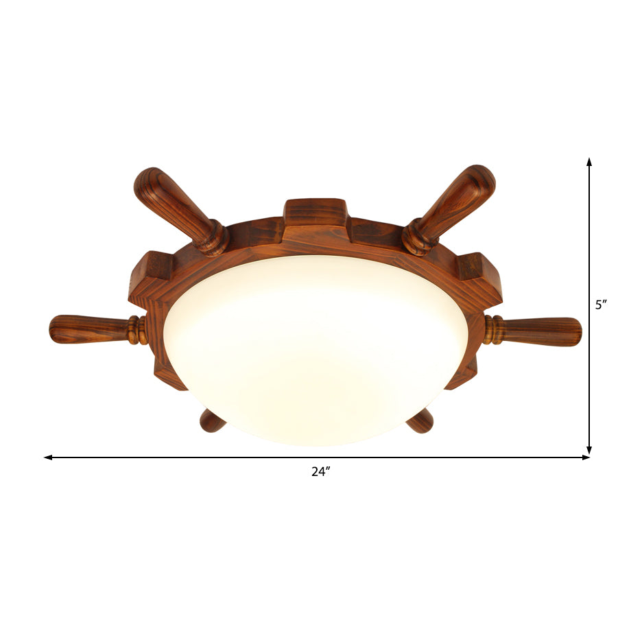 Wood Rudder Flush Light Modern LED Brown Flush Mount Lamp with Frosted Glass Bowl Shade, Warm/White Light Clearhalo 'Ceiling Lights' 'Close To Ceiling Lights' 'Close to ceiling' 'Flush mount' Lighting' 216411