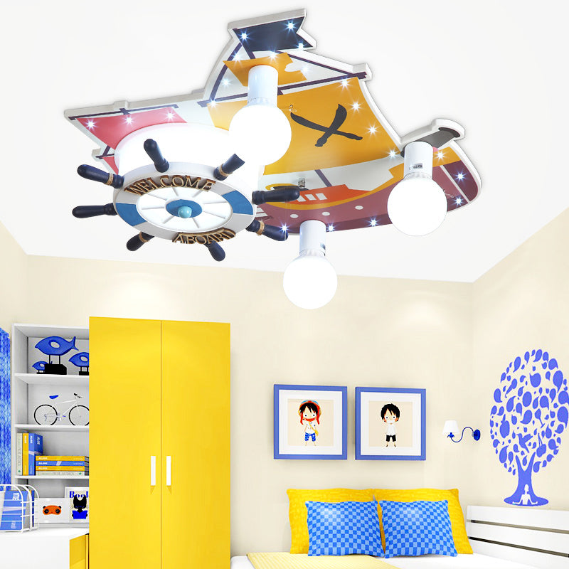 Cartoon Rudder Design Ceiling Flush Mount Wooden 3 Lights Bedroom Flush Pendant Light in Yellow Yellow A Clearhalo 'Ceiling Lights' 'Close To Ceiling Lights' 'Close to ceiling' 'Flush mount' Lighting' 216413