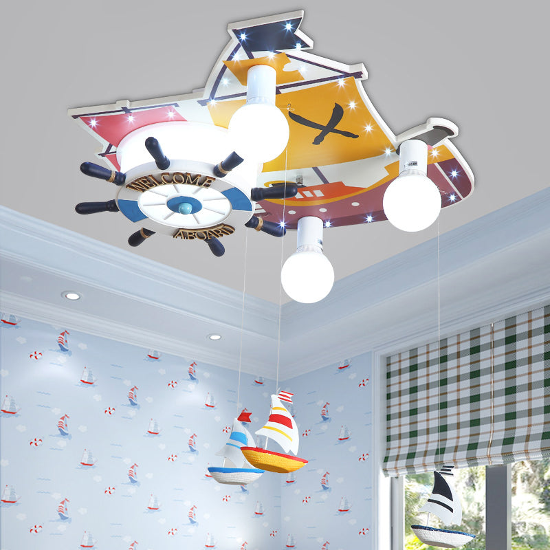 Cartoon Rudder Design Ceiling Flush Mount Wooden 3 Lights Bedroom Flush Pendant Light in Yellow Yellow B Clearhalo 'Ceiling Lights' 'Close To Ceiling Lights' 'Close to ceiling' 'Flush mount' Lighting' 216417
