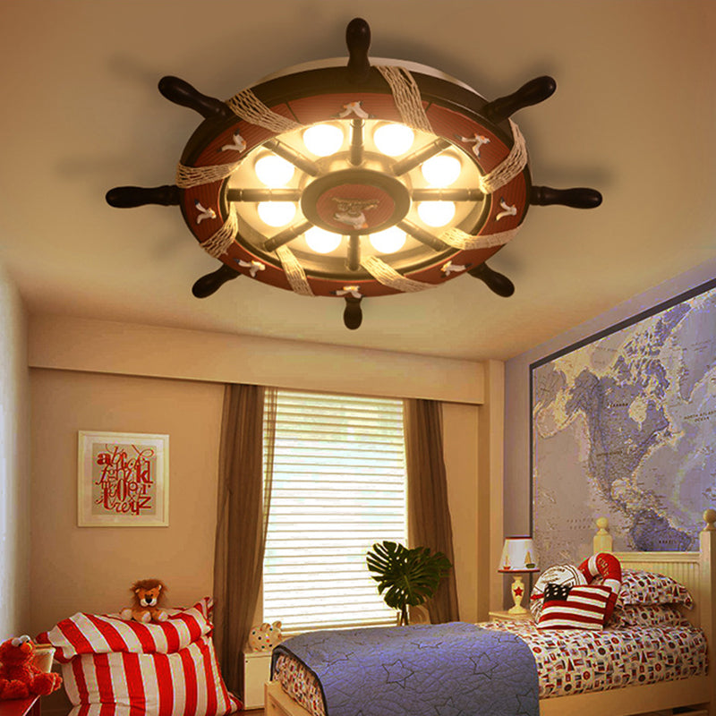 8 Lights Bedroom Flush Mount Fixture with Rudder Wooden Shade Cartoon Blue/Brown Ceiling Lamp in Warm/White Light Clearhalo 'Ceiling Lights' 'Close To Ceiling Lights' 'Close to ceiling' 'Flush mount' Lighting' 216437