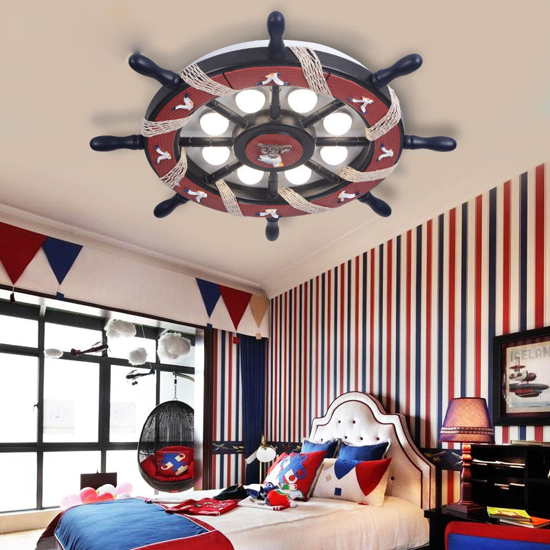 8 Lights Bedroom Flush Mount Fixture with Rudder Wooden Shade Cartoon Blue/Brown Ceiling Lamp in Warm/White Light Brown Clearhalo 'Ceiling Lights' 'Close To Ceiling Lights' 'Close to ceiling' 'Flush mount' Lighting' 216438