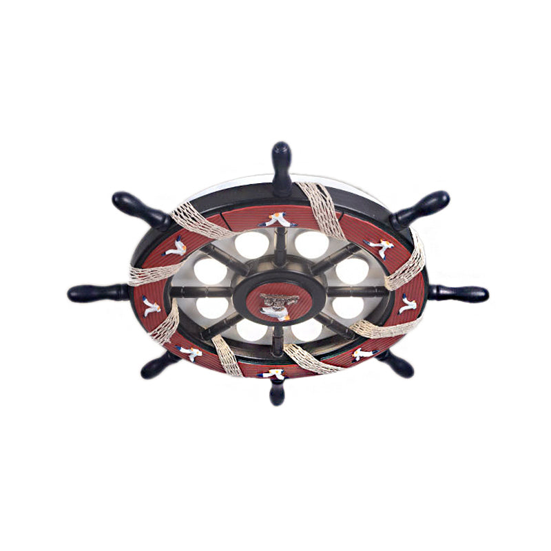 8 Lights Bedroom Flush Mount Fixture with Rudder Wooden Shade Cartoon Blue/Brown Ceiling Lamp in Warm/White Light Clearhalo 'Ceiling Lights' 'Close To Ceiling Lights' 'Close to ceiling' 'Flush mount' Lighting' 216439