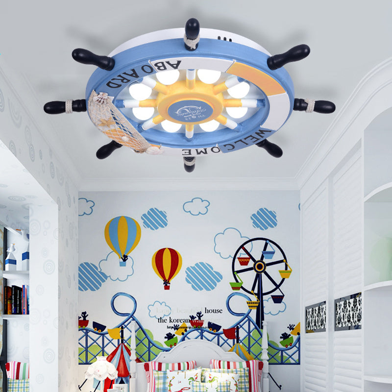 8 Lights Bedroom Flush Mount Fixture with Rudder Wooden Shade Cartoon Blue/Brown Ceiling Lamp in Warm/White Light Blue White Clearhalo 'Ceiling Lights' 'Close To Ceiling Lights' 'Close to ceiling' 'Flush mount' Lighting' 216441