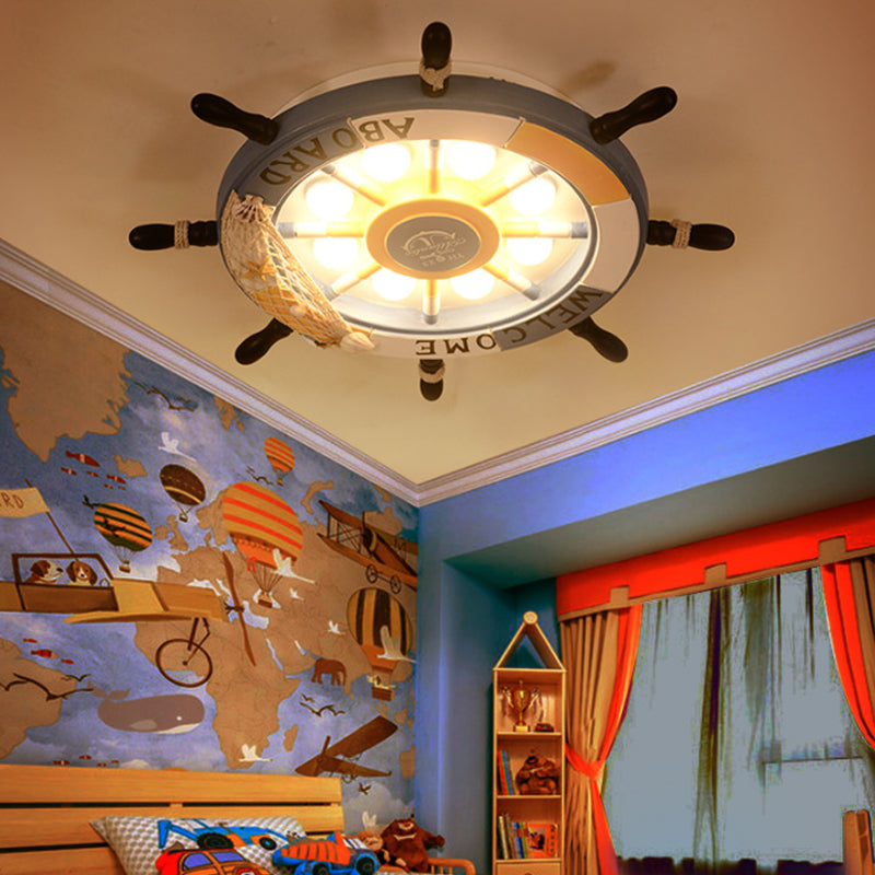 8 Lights Bedroom Flush Mount Fixture with Rudder Wooden Shade Cartoon Blue/Brown Ceiling Lamp in Warm/White Light Blue Warm Clearhalo 'Ceiling Lights' 'Close To Ceiling Lights' 'Close to ceiling' 'Flush mount' Lighting' 216442