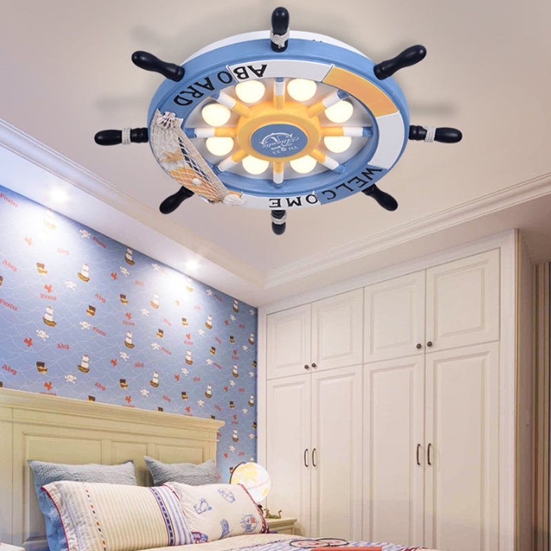 8 Lights Bedroom Flush Mount Fixture with Rudder Wooden Shade Cartoon Blue/Brown Ceiling Lamp in Warm/White Light Clearhalo 'Ceiling Lights' 'Close To Ceiling Lights' 'Close to ceiling' 'Flush mount' Lighting' 216443