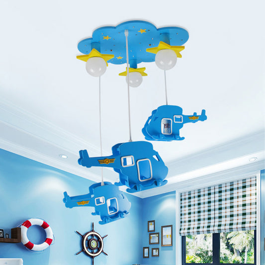Helicopter Bedroom Ceiling Lamp Wood 3 Lights Cartoon Hanging Light Fixture with Cloud Shape Canopy in Blue Clearhalo 'Ceiling Lights' 'Glass shade' 'Glass' 'Pendant Lights' 'Pendants' Lighting' 216611