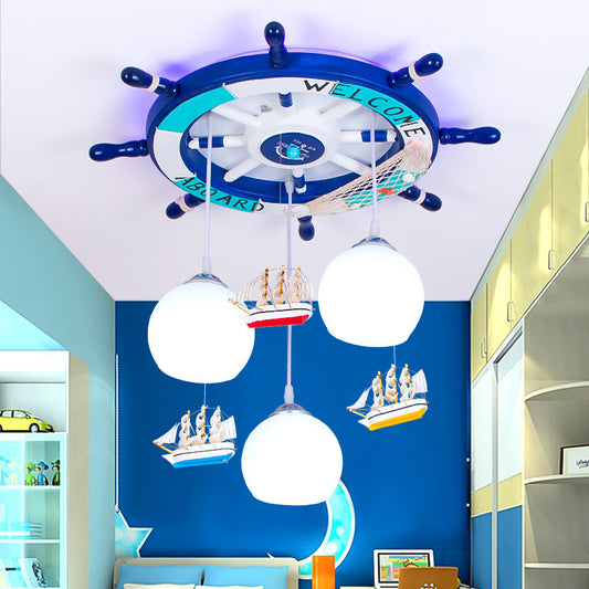 White Glass Global Hanging Lamp Kids 3 Heads Pendant Lighting with Rudder Shaped Canopy in Blue Blue Clearhalo 'Ceiling Lights' 'Close To Ceiling Lights' 'Glass shade' 'Glass' 'Pendant Lights' 'Pendants' Lighting' 216618