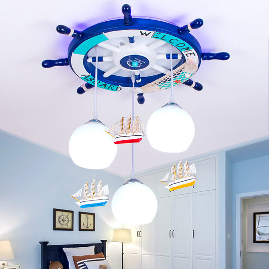 White Glass Global Hanging Lamp Kids 3 Heads Pendant Lighting with Rudder Shaped Canopy in Blue Clearhalo 'Ceiling Lights' 'Close To Ceiling Lights' 'Glass shade' 'Glass' 'Pendant Lights' 'Pendants' Lighting' 216619