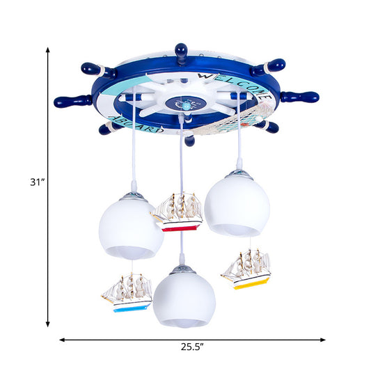 White Glass Global Hanging Lamp Kids 3 Heads Pendant Lighting with Rudder Shaped Canopy in Blue Clearhalo 'Ceiling Lights' 'Close To Ceiling Lights' 'Glass shade' 'Glass' 'Pendant Lights' 'Pendants' Lighting' 216621