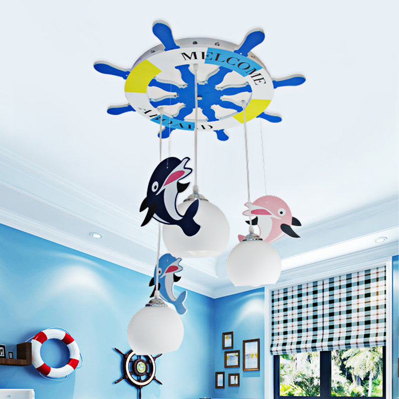 Opal Glass Ball Ceiling Lighting Cartoon 3 Bulbs Blue Pendant Lamp with Dolphin Deco and Rudder Shape Canopy Blue Clearhalo 'Ceiling Lights' 'Close To Ceiling Lights' 'Glass shade' 'Glass' 'Pendant Lights' 'Pendants' Lighting' 216622