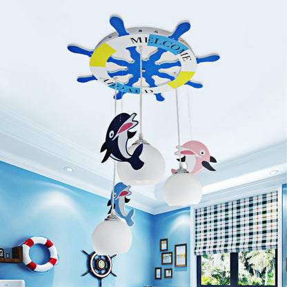 Opal Glass Ball Ceiling Lighting Cartoon 3 Bulbs Blue Pendant Lamp with Dolphin Deco and Rudder Shape Canopy Blue Clearhalo 'Ceiling Lights' 'Close To Ceiling Lights' 'Glass shade' 'Glass' 'Pendant Lights' 'Pendants' Lighting' 216622