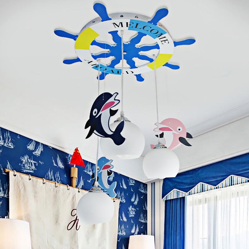 Opal Glass Ball Ceiling Lighting Cartoon 3 Bulbs Blue Pendant Lamp with Dolphin Deco and Rudder Shape Canopy Clearhalo 'Ceiling Lights' 'Close To Ceiling Lights' 'Glass shade' 'Glass' 'Pendant Lights' 'Pendants' Lighting' 216623